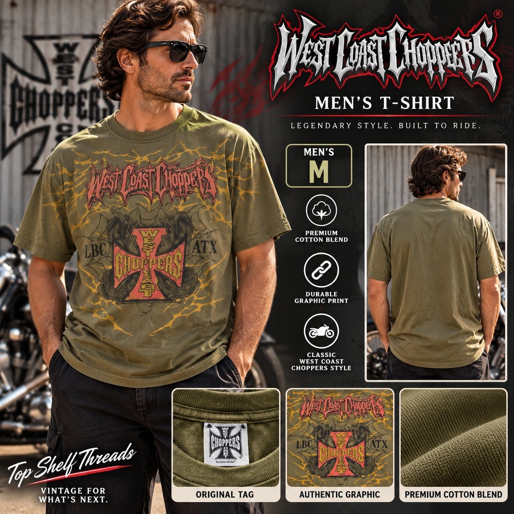 West Coast Choppers Men M Olive Green Iron Cross Cobra LBC ATX Biker Graphic Tee